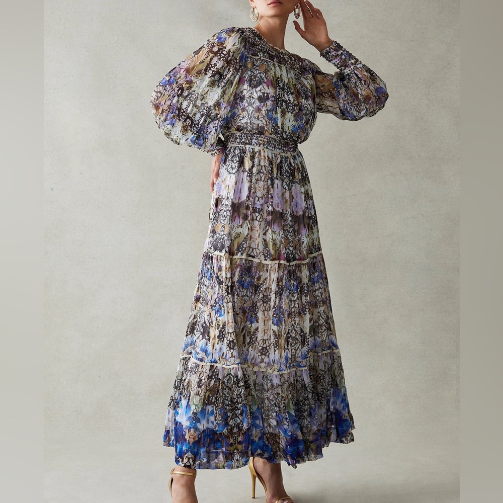 Karen Millen NWT Placed Border Open Back Long Sleeve Floral Beaded Maxi Dress 12